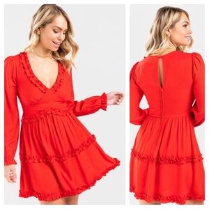 Franchescas’s Miami Red Hot Ruffle Trim Long Sleeve Mini Dress